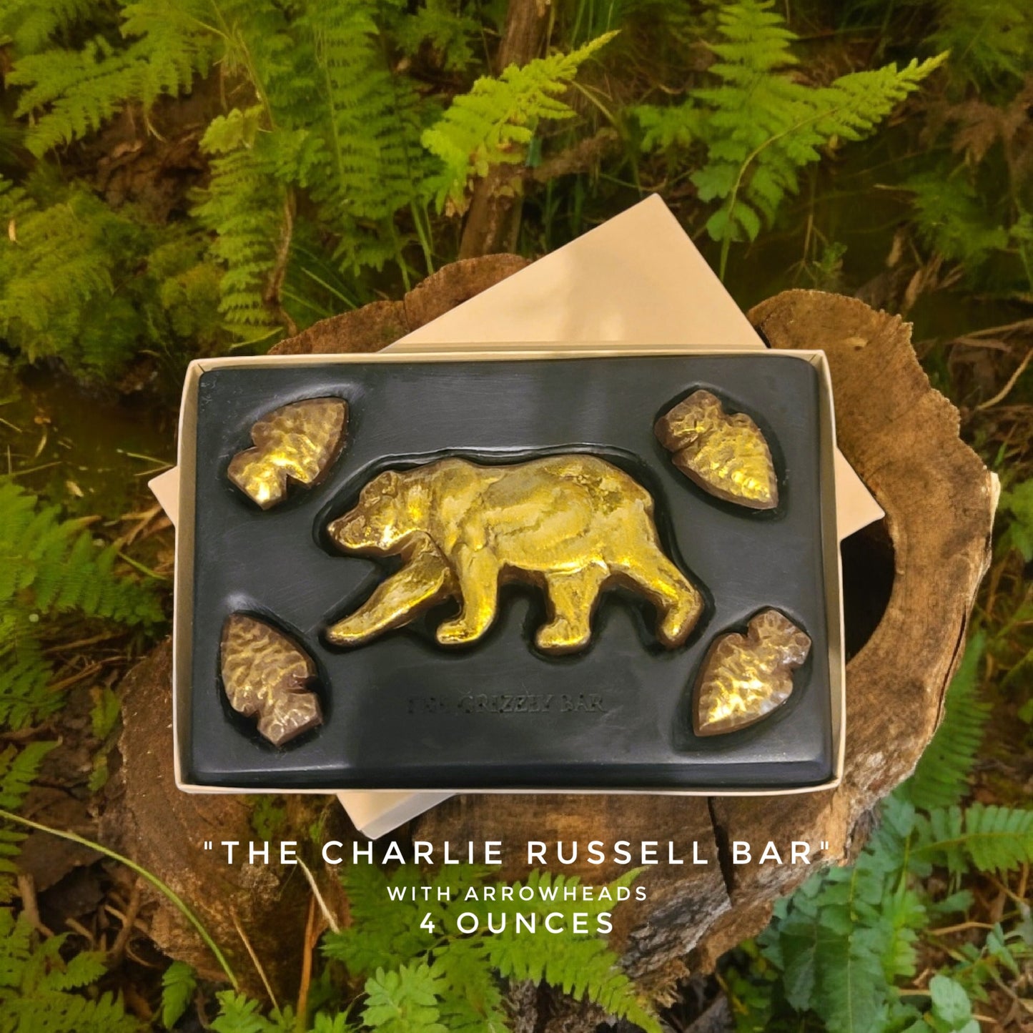 Handcrafted grizzly bear chocolate bar with arrowheads made in Bozeman, Montana