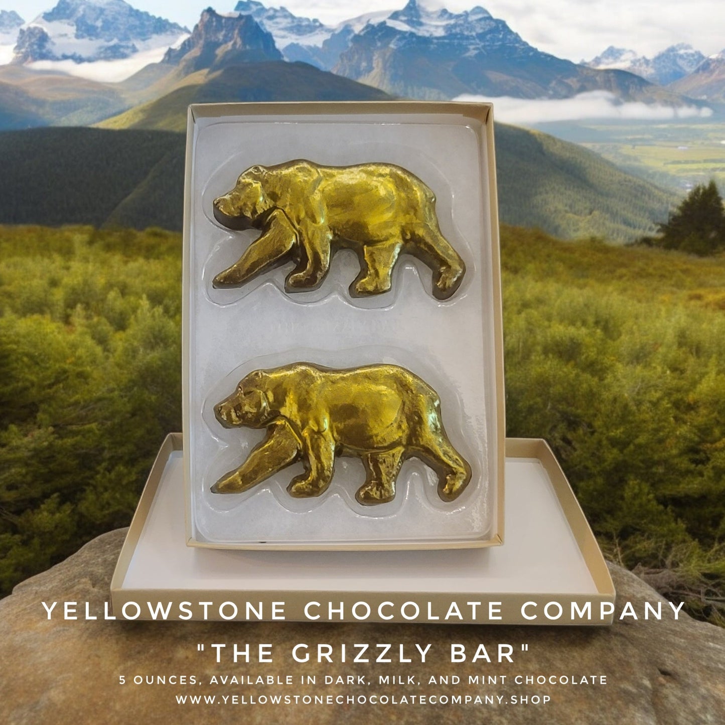 The Yellowstone Chocolate Company 'The Grizzly Bar' with gold bear shapes made in Bozeman, Montana