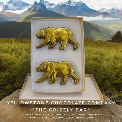 The Yellowstone Chocolate Company 'The Grizzly Bar' with gold bear shapes made in Bozeman, Montana 