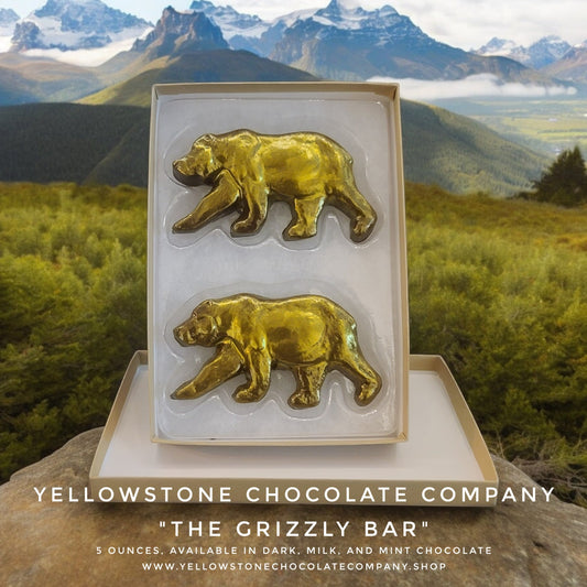 The Yellowstone Chocolate Company 'The Grizzly Bar' with gold bear shapes made in Bozeman, Montana 